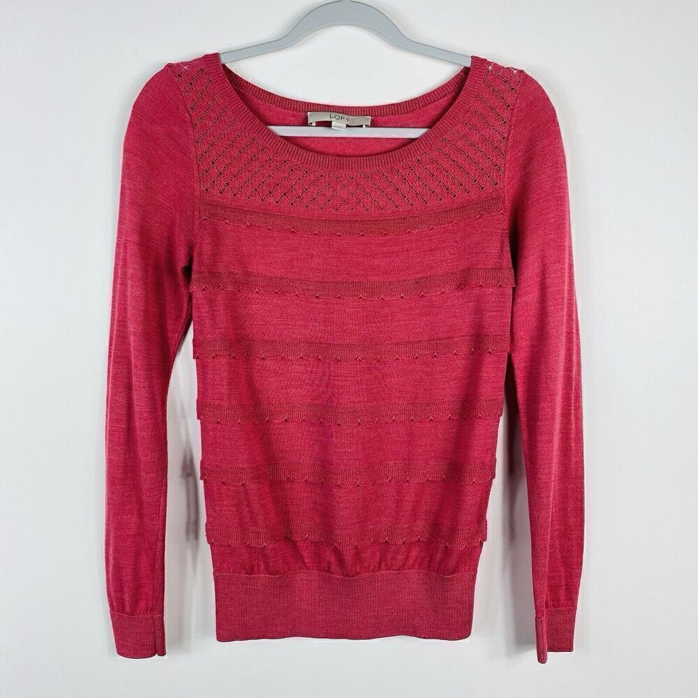 Ann Taylor LOFT Size XS Wool Blend Scalloped Lace Lightweight Sweater Pink